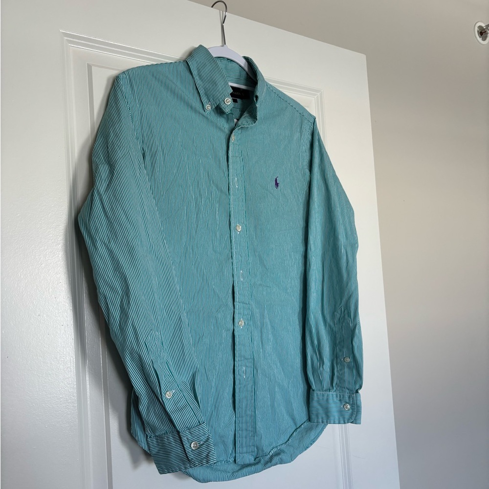 Ralph Lauren Men's Green Striped Button Down Shirt Slim Fit